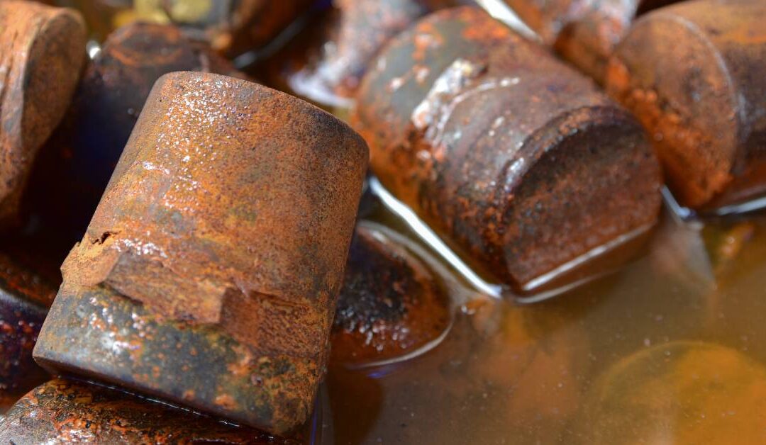 A piece of steel submerged in water, showing visible brown rust patches due to the chemical reaction.